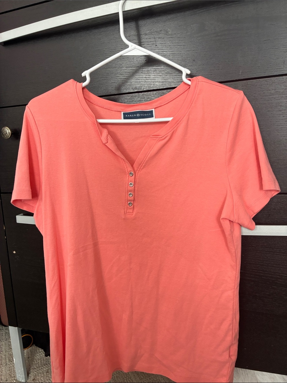 Karen Scott Coral Button-Placket Short Sleeve Tee